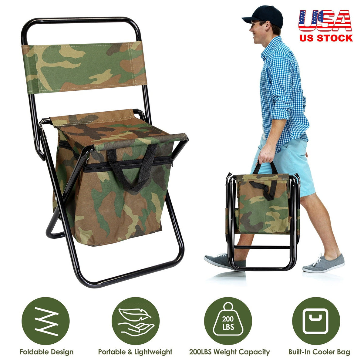 Foldable Fishing Chair With Backrest Built-In Cooler Bag Portable Handle Outdoor Lightweight Fishing Stool For Camping Hiking Hunting