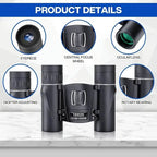 High Powered Mini Pocket Binoculars 10x25 with Phone Adapter – Compact, Lightweight, Portable – Black