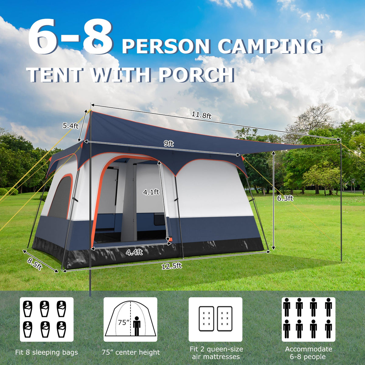 6-8 Person Camping Tent with Double Rooms and 2 Doors