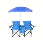 Portable Outdoor 2-Seat Folding Chair With Removable Sun Umbrella Blue, Camping Chair, Beach Essentials
