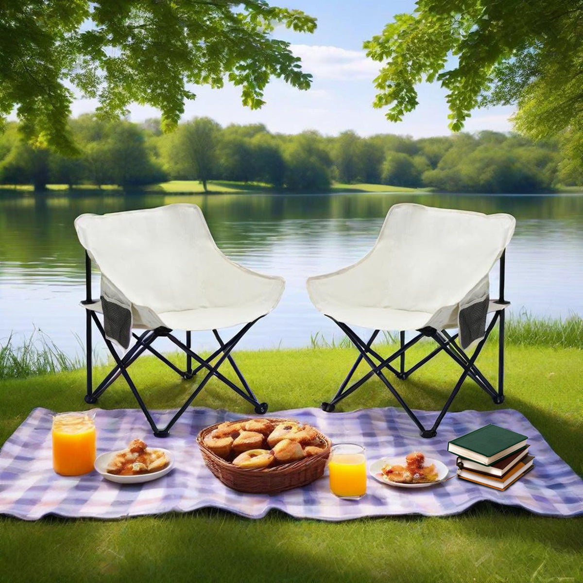 2 Pieces Outdoor Camping Chairs Folding / Portable, Comfortable Seating, Durable Steel Fram